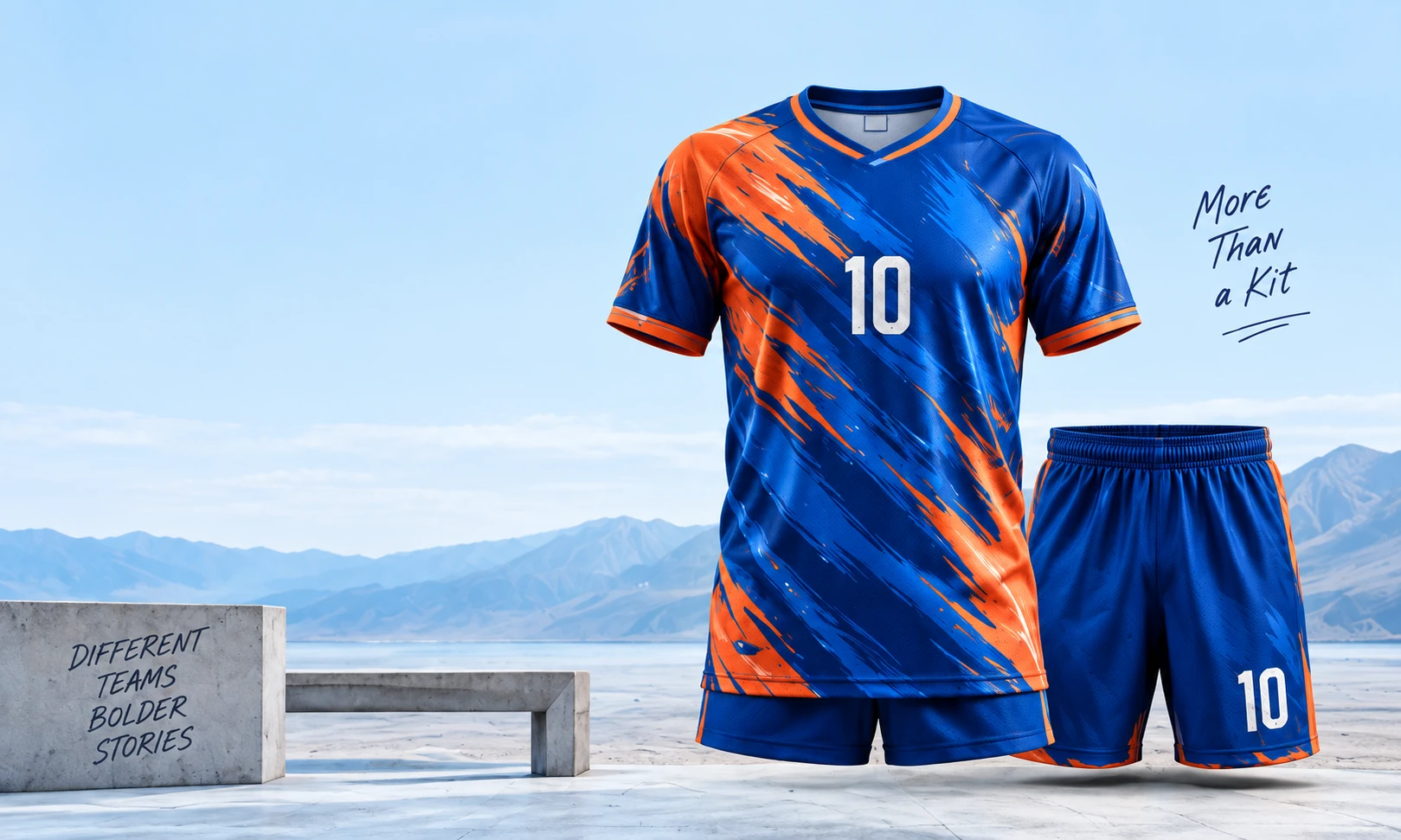 Blue and orange number 10 team kit on a mountain terrace, with handwritten More Than a Kit and Different Teams Bolder Stories