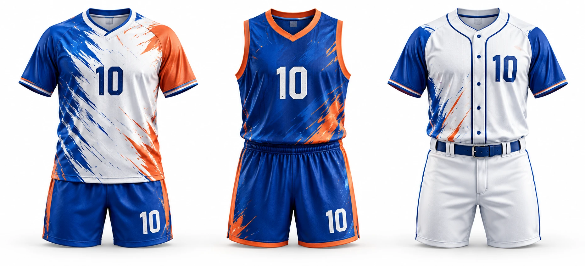 White and blue soccer kit, blue basketball kit and white baseball uniform