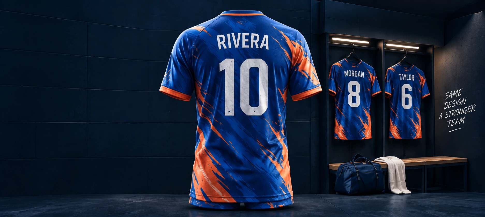 Rivera 10 jersey in front of Morgan 8 and Taylor 6 jerseys hanging in a navy locker room